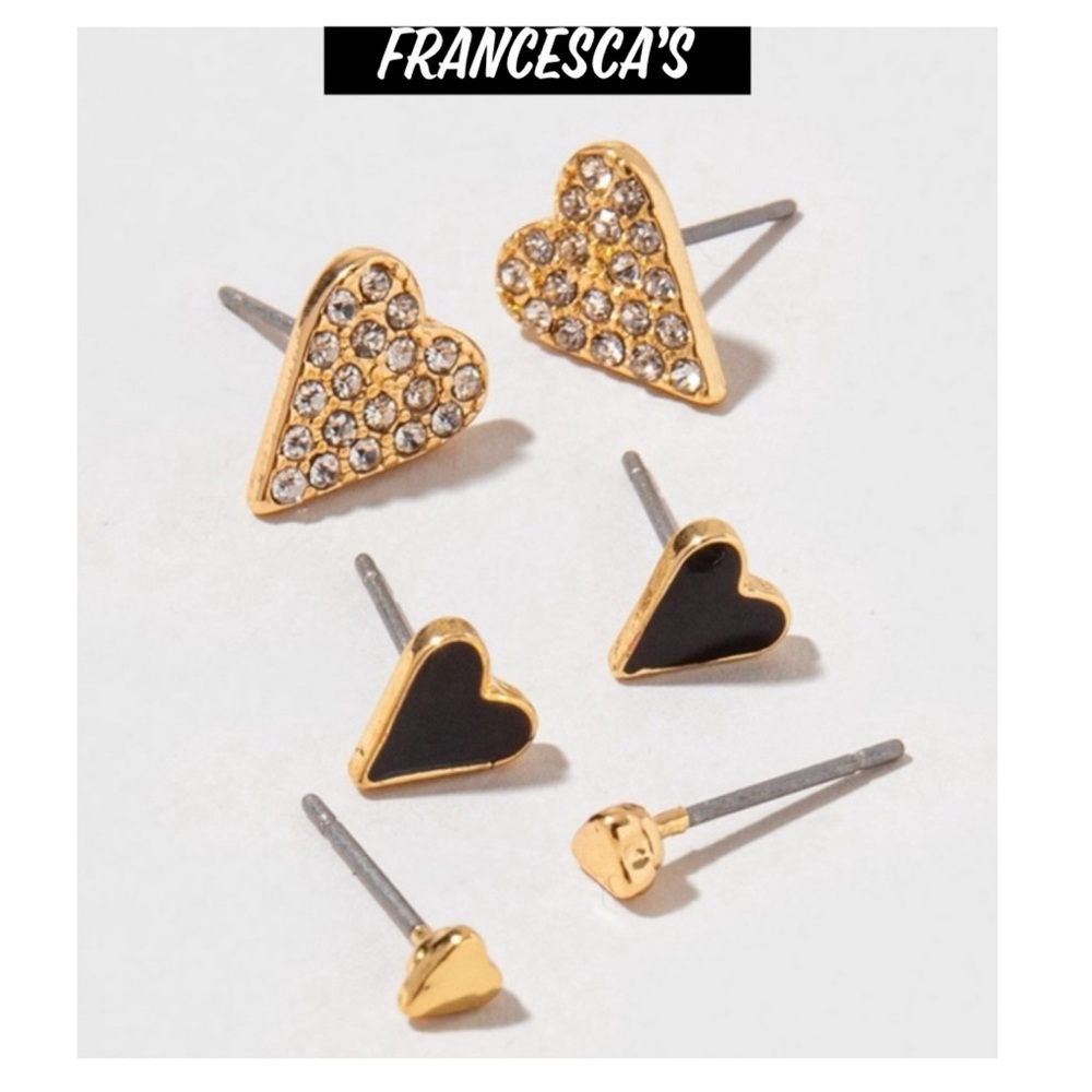 New Francesca’s Joana Gold Tone and Black Heart Earring Set - Picture 2 of 7